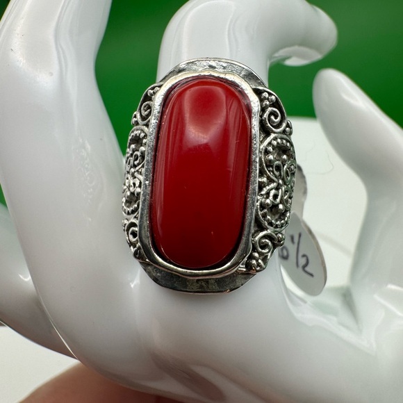 Stunning Bohemian Red Turquoise Oval Elongated Resin Gemstone Steel Alloy Ring - Picture 1 of 16